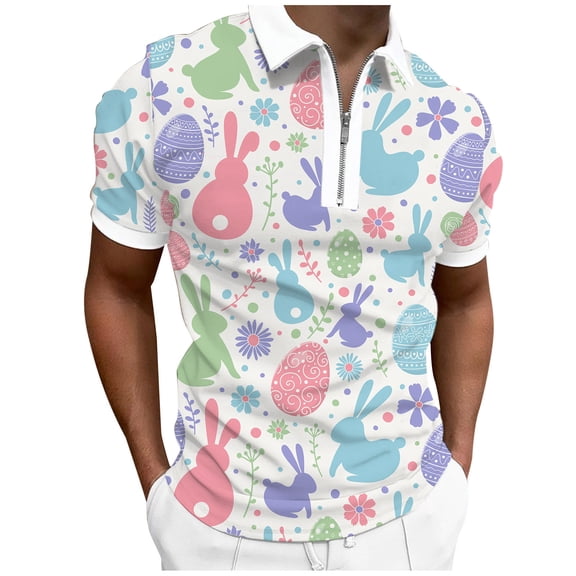 Mens Easter Tee Fashion Digital 3D Printing Lapel Zipper Short Sleeve Holiday Clothing for Men,White,L