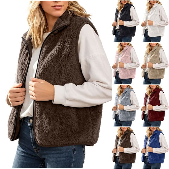 Lutiedan Fuzzy Flannel Vest for Women Cozy Sleeveless Fleece Zip Up Outerwear Vest Casual Stand Collar Winter Jackets S-XXL