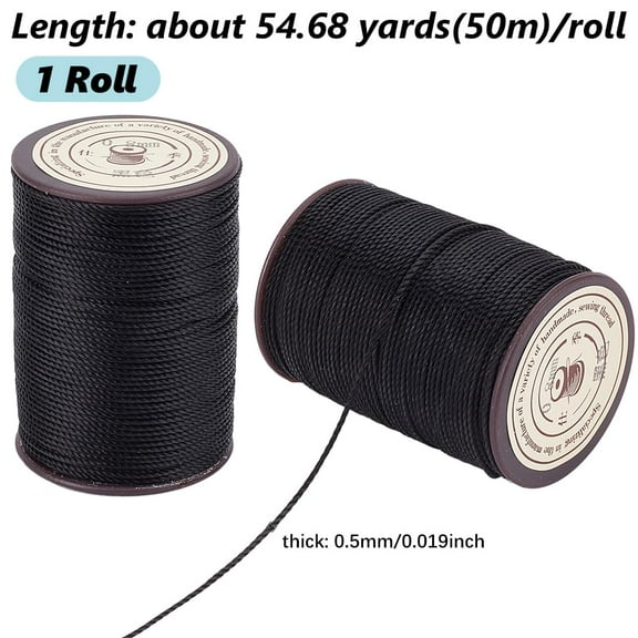 1 set 1 Roll Round Waxed Polyester Thread String Micro Macrame Cord Twisted Cord Black 0.8mm 54.68 Yards (50m) for Leather Sewing Stitching