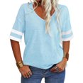 thumbnail image 2 of Stripe Sleeved Women Summer Casual V-neck T-shirt Loose Simple Tops, 2 of 6