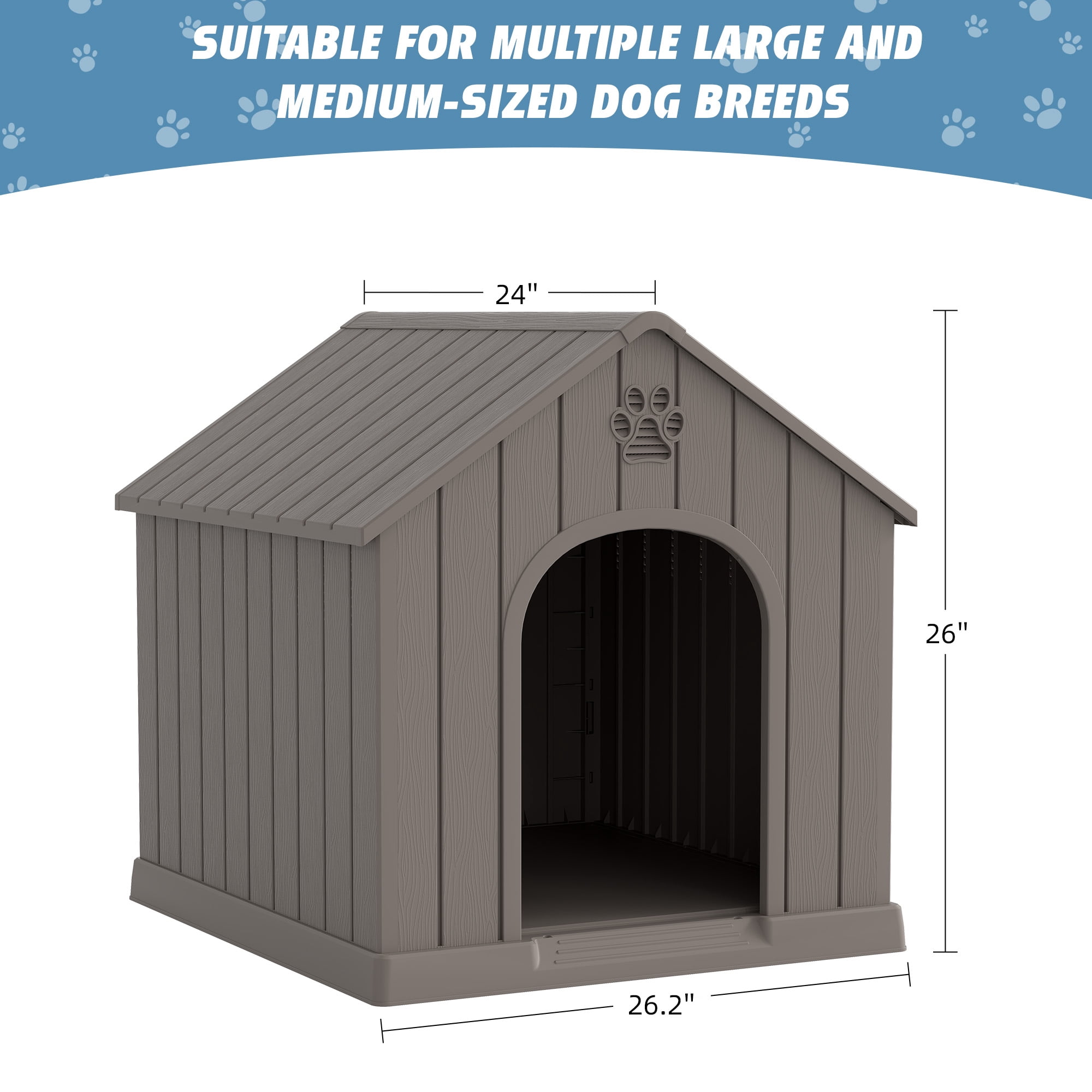 Bifanuo Durable Dog House for Small to Medium Dogs, PP Material Weatherproof Puppy Shelter with Elevated Floor & Air Vents, Easy Clean, Gray, 26.2"L x 24"W x 26"H