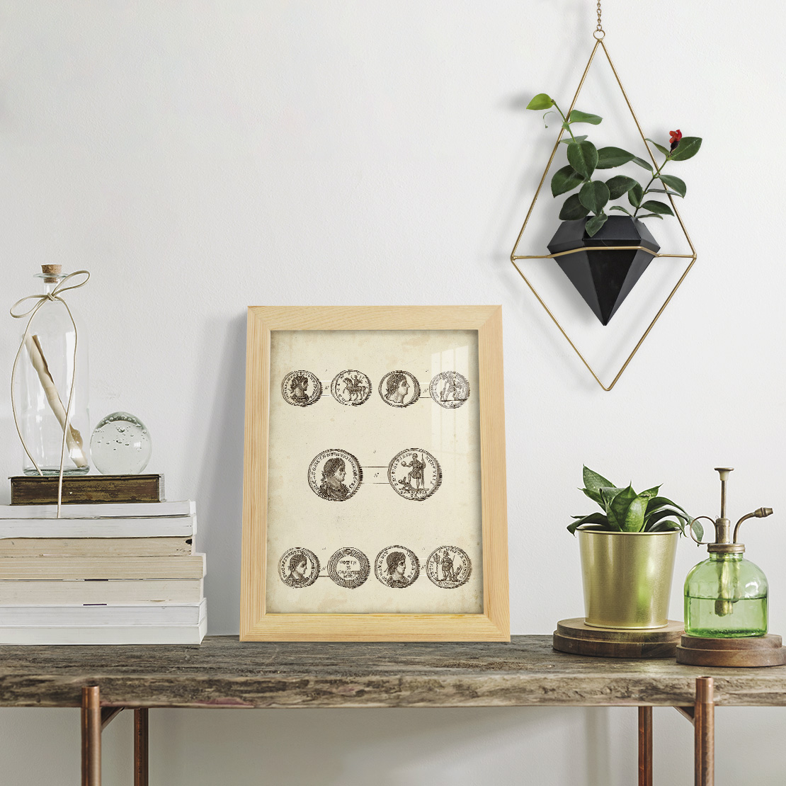 Antique Roman Coins V -Framed Print w/glass-Natural Wood