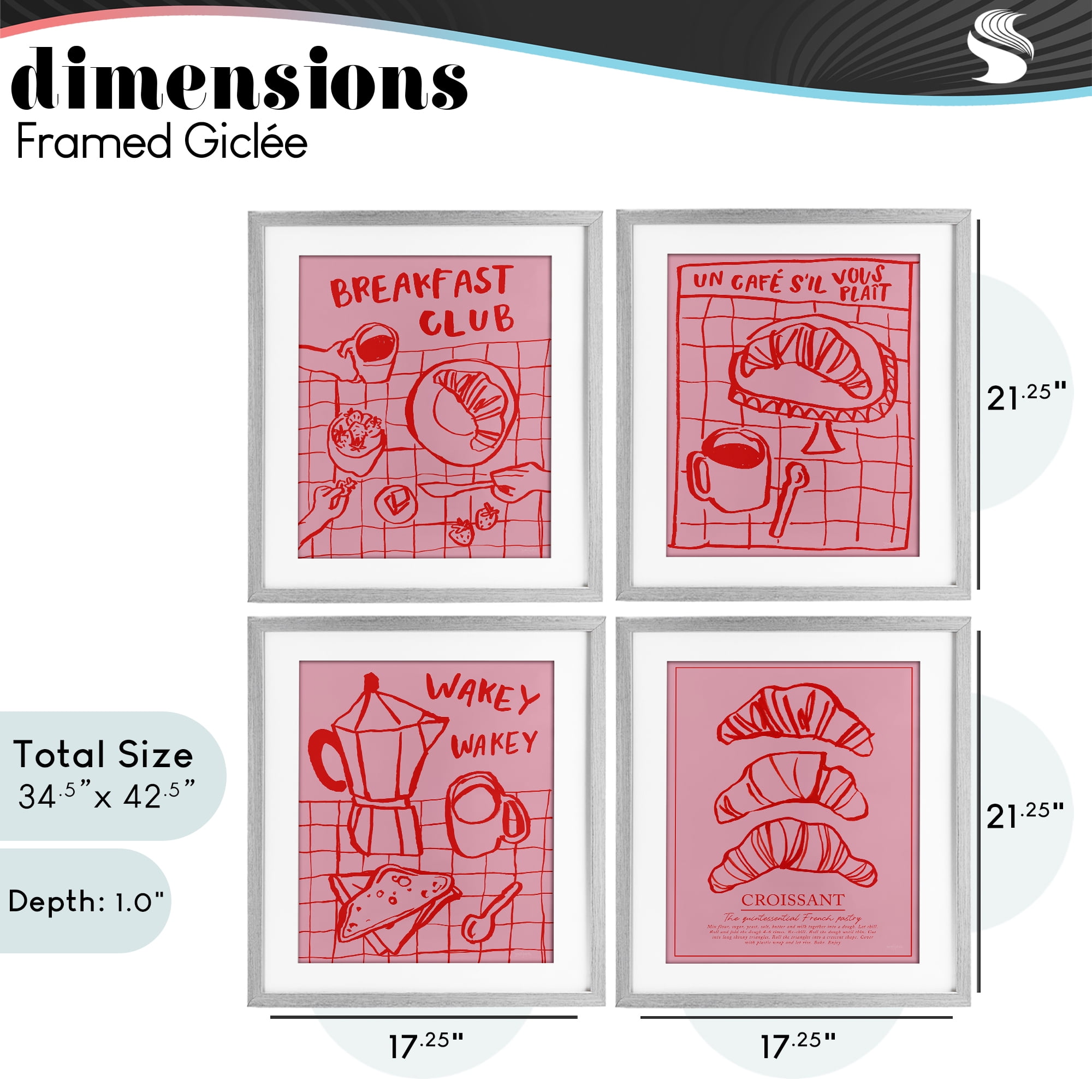 Stupell Industries Pink & Red Breakfast Doodles 4 Piece Gray Framed Print Under Glass Set, design by Jenaya Jackson