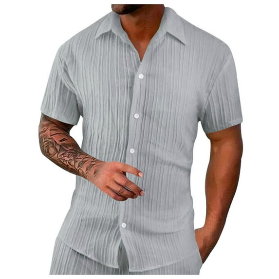 Gyexs Short Sleeve Shirts for Men Button Down Grey Lightweight Linen Shirts Comfortable Classic Fit Tees Shirt Outerwear Birthday Gifts for Men, Size XXXL