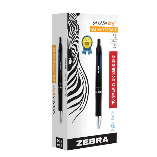 Zebra® Sarasa™ Dry X1 Retractable Gel Pens, Medium Point, 0.7 mm, Blue Barrel, Blue Ink, Pack Of 12 Pens