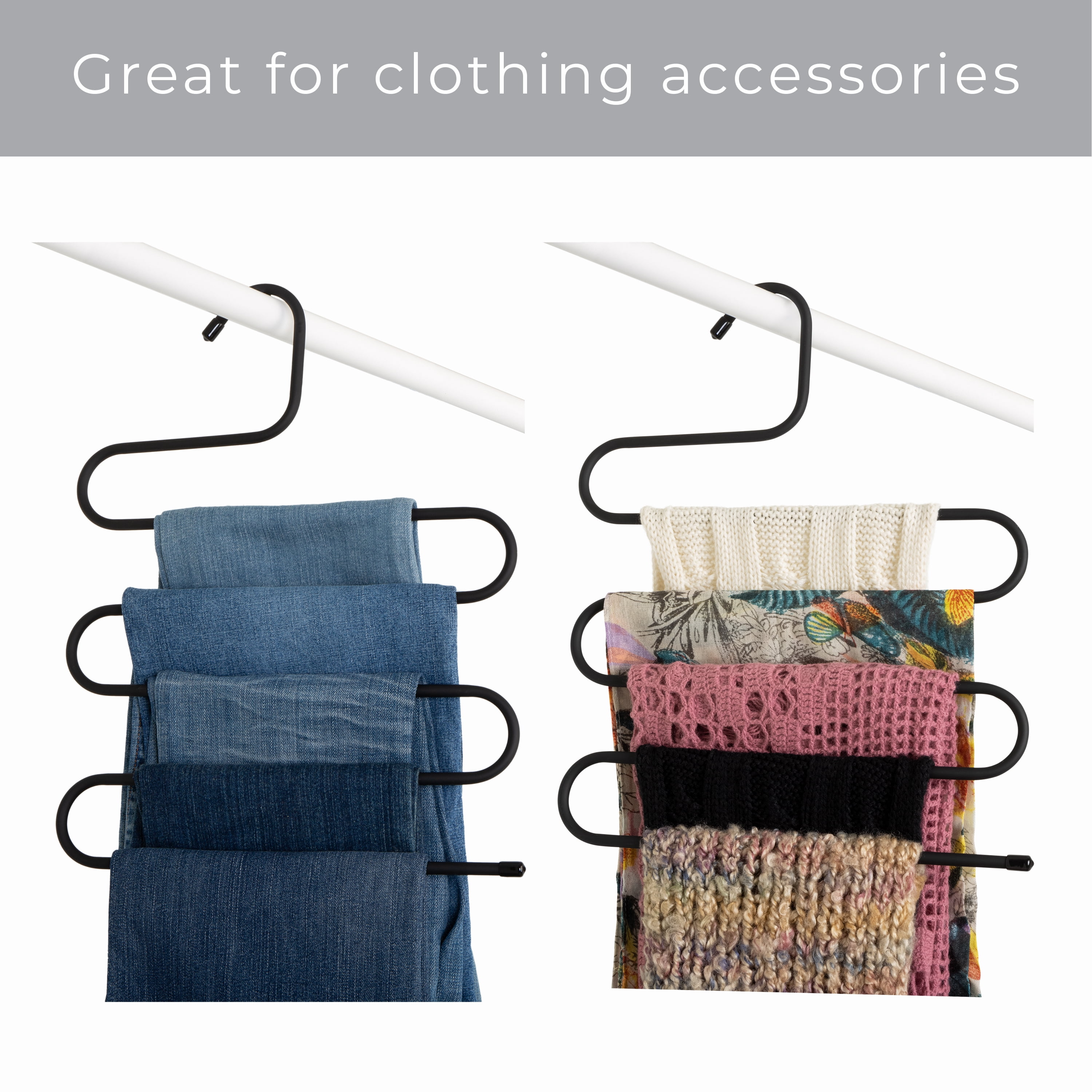 Smart Design Rubberized Stainless Steel Pant Hangers - Set of 3 - Sturdy Space Saving 5-Tier S-Type Rack - Metal Closet Organizer for Multiple Jeans, Clothes, Skirts and Trousers Storage - Black