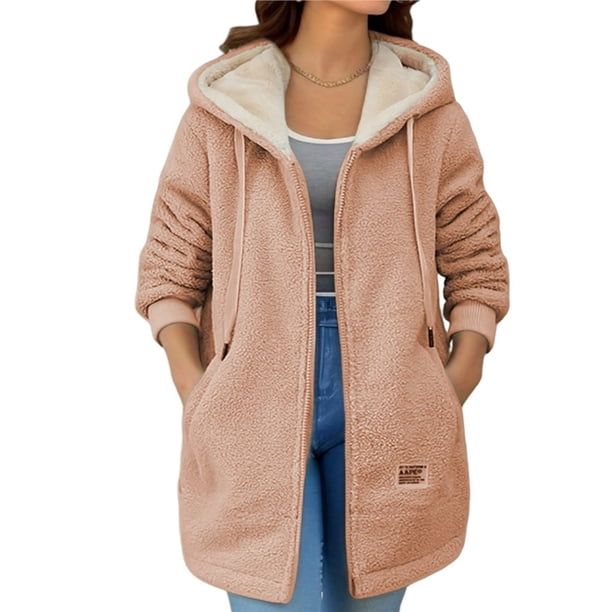 Chaqueta con Cremallera y Bolsillos para Mujer, Sudadera Larga Extragrande con Capucha, Abrigo Afelpado y Cálido. Caqui XXXL