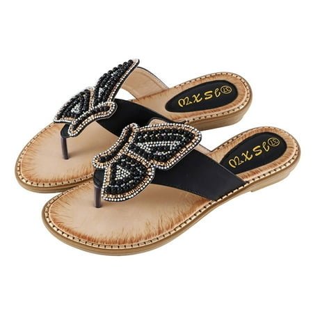 

Womens Fashion Flats Pearls Rhinestones Butterfly Beach Sandals Comfort Thong Sandals Summer Casual Flip Flops