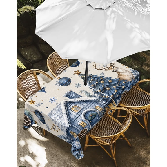 Outdoor Tablecloth with Umbrella Hole, Winter Snowflake Pinecone Leaf Zippered Table Cloth for Rectangle Tables, Blue Christmas Tree Elk Washable Waterproof Tablecloths for Picnic Patio Garden