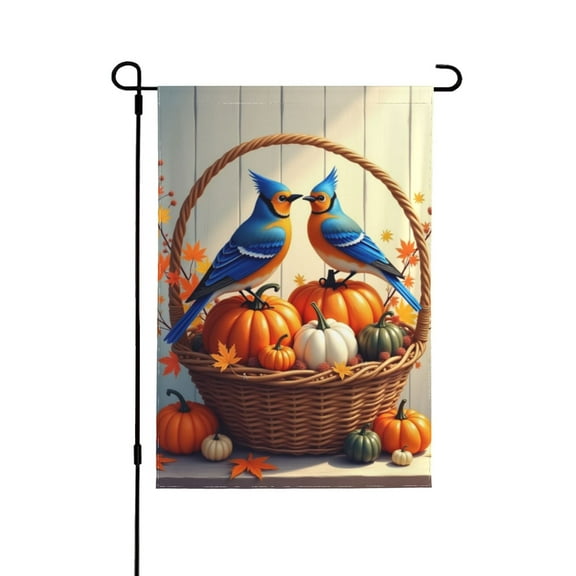 Autumn Birds Pumpkins Garden Flag Double Sided 12x18 Inch Fall Harvest Thanksgiving Outdoor Decor Yard Flag Wicker Basket Bird House Flags Seasonal Decoration