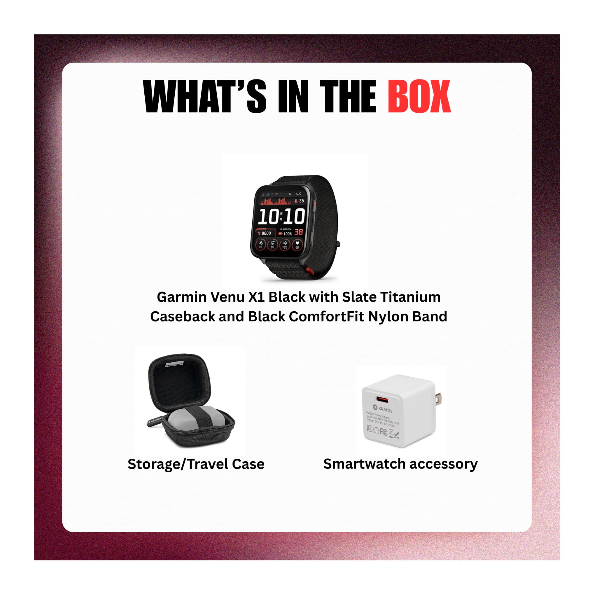 Garmin Venu X1 Black with Slate Titanium Caseback/Black ComfortFit Band Bundle with Storage Case and Smartwatch Accessory (3 Items)