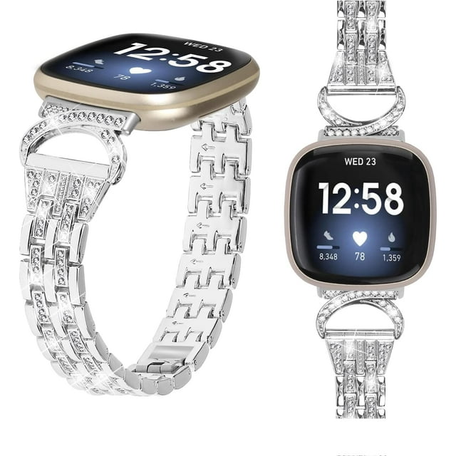 REQO Metal Bands Compatible with Fitbit Sense 2/Sense/Versa 4/Versa 3 Bands, Adjustable Classic Stainless Steel Bands Diamond Rhinestone Links Bracelet Band for Man&Women