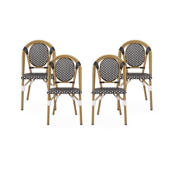 GDF Studio Kazaria Outdoor French Bistro Chairs, Set of 4, Black, White, and Bamboo Finish