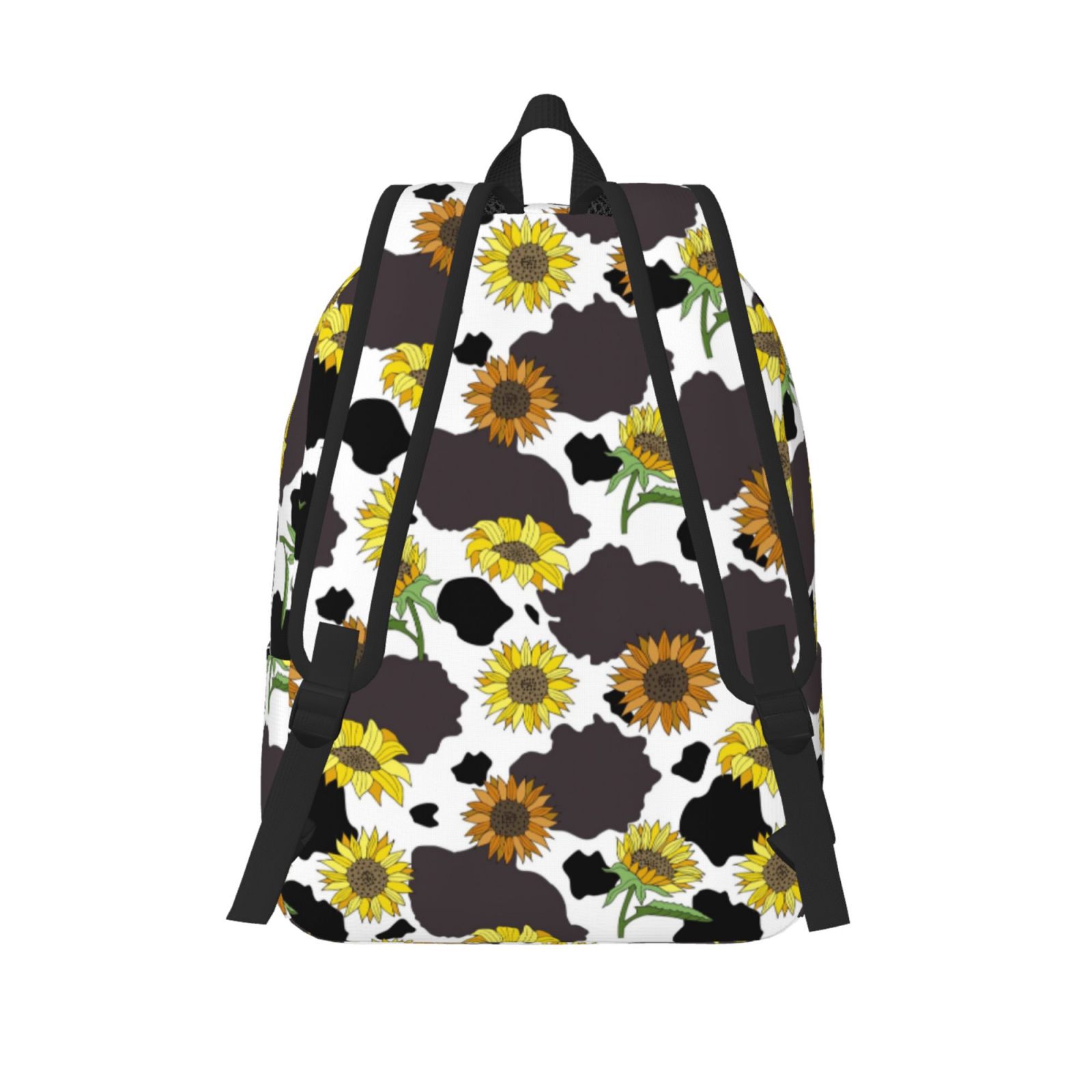 Picia Black Cow Sunflowers Printed Canvas Daypack - Stylish and Durable Vintage Compact Backpack - Class, Work, Travel, or Laptop Bookbag,Organized Compartments-Medium
