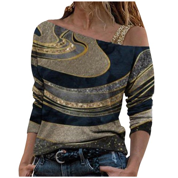 JINMGG Womens Tops,Fashion Women Casual Printing Off-The-shoulder Long Sleeve Loose T-Shirt Blouse Tops,Navy XXXL