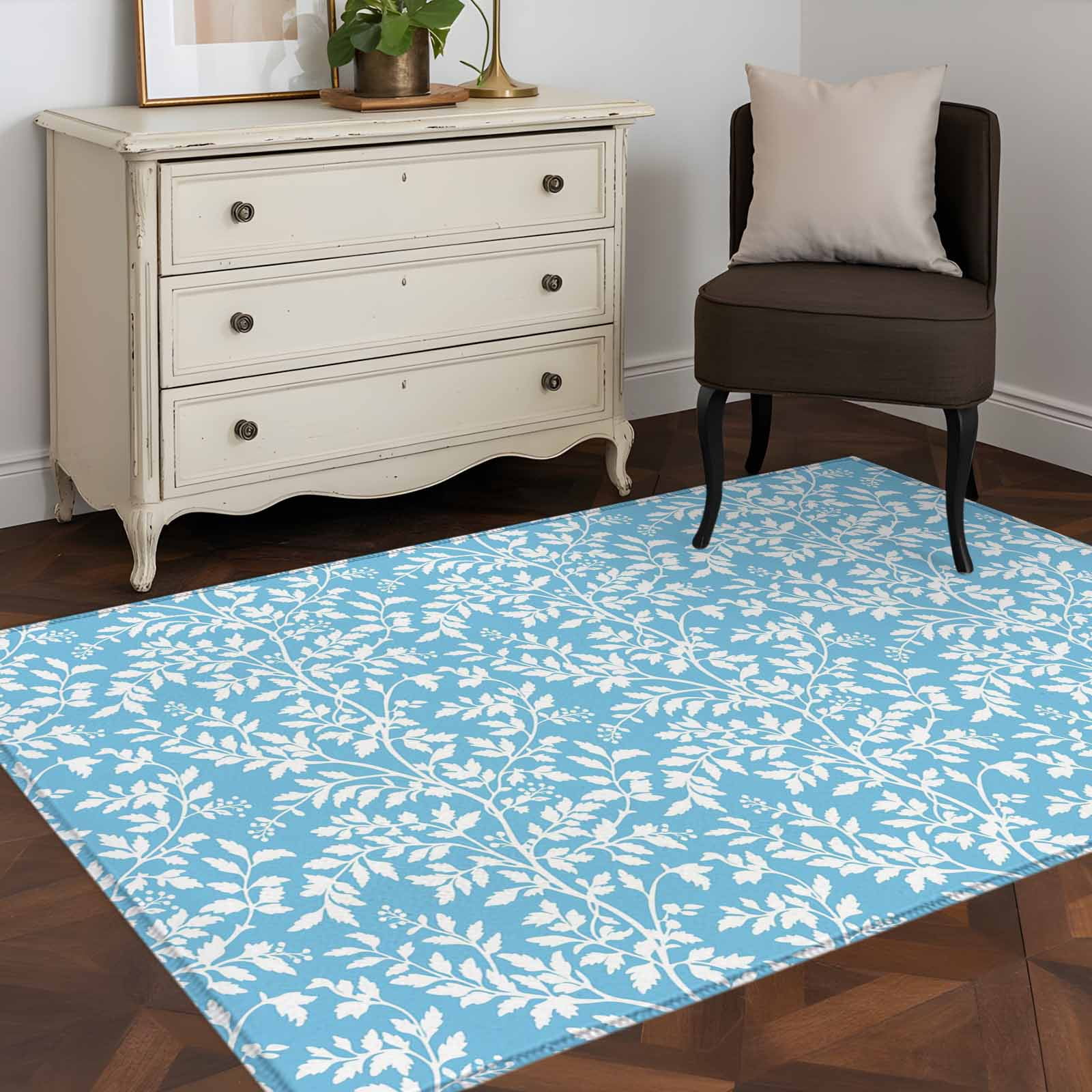 Area Rugs for Living Room Bedroom, Blue Spring Floral 4'x6' Rug Washable Carpet Runner Indoor Outdoor, Farmhouse Flowers Elegant Pastoral Non Slip Accent Floor Mats Rug for Kitchen, Office