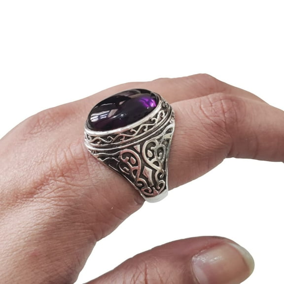 Amethyst Mans Ring, Natural Amethyst, February Birth, Silver Jewelry, 925 Silver Ring, Birthday Gift, Heavy Mens Ring, Arabic Design, Ottoman Style Ring, Christmas, Turkey Mens Signet Ring