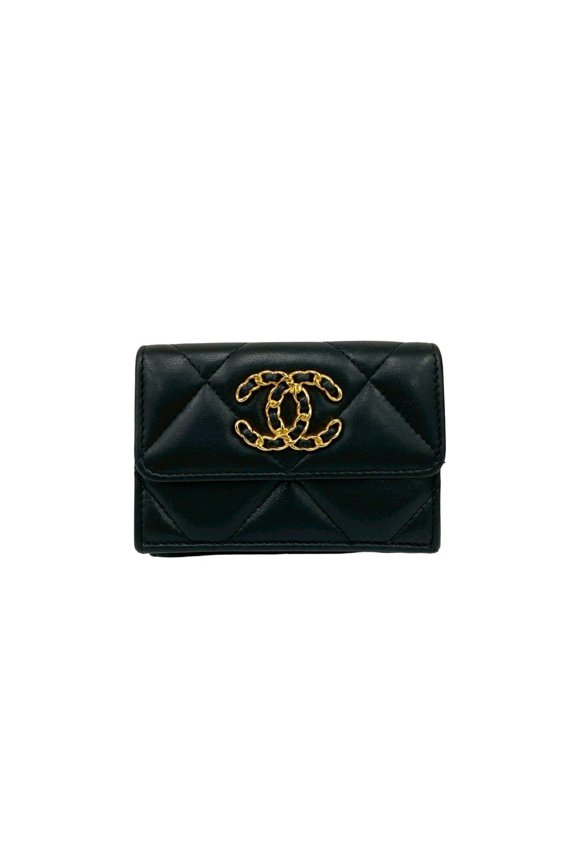 Pre-Owned CHANEL Chanel 19 Coco Mark Lambskin Tri-fold Wallet Black 88611 (Good)