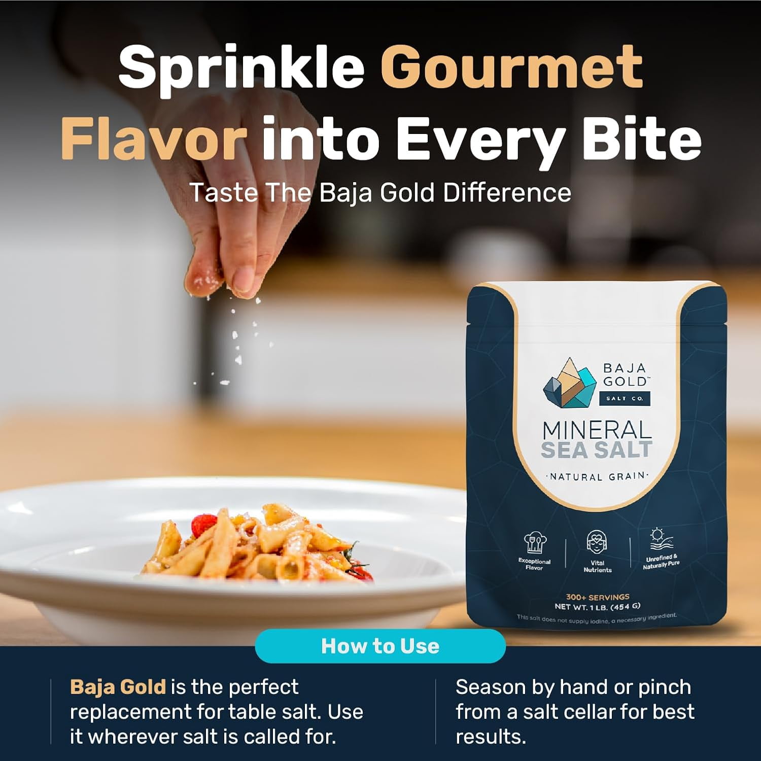 Baja Gold Mineral Sea Salt - Recommended by Gary Brecka - Natural Grain Salt for Cooking & Seasoning | Authentic Baja Gold | Great for Finishing Dishes | 1 lb. Resealable Bag, 300+ Servings