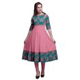 thumbnail image 1 of Bimba Robe Anarkali Imprimée Feuilles Florales Vert Sarcelle et Fleurs Roses Longue Robe Maxi Kurtis Indiens pour Femmes Kurti Ethnique Très Grand, 1 of 5