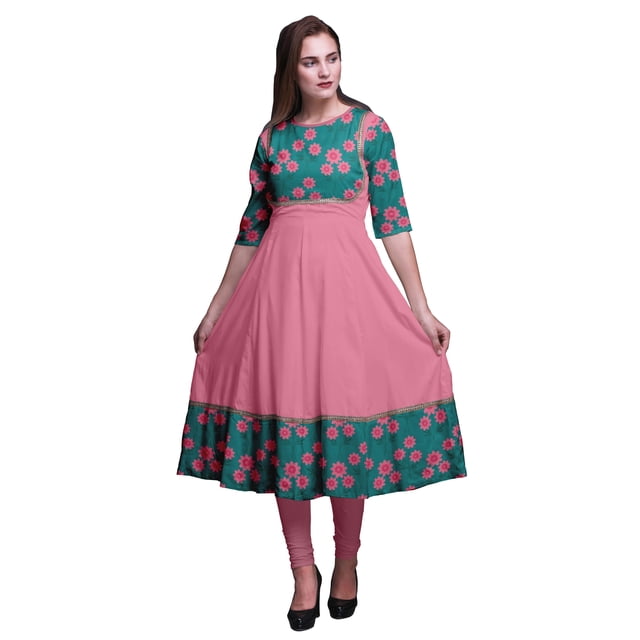 Bimba Robe Anarkali Imprimée Feuilles Florales Vert Sarcelle et Fleurs Roses Longue Robe Maxi Kurtis Indiens pour Femmes Kurti Ethnique Très Grand