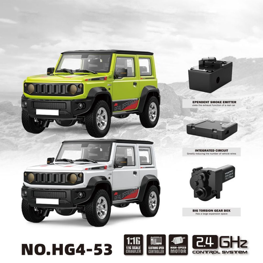 1/16 Scale 2.4GHz 4WD RC Off-Road Car HG4-53 with Smoke Generator & Sound Ready to Run Electric Climbing Vehicle（Green）