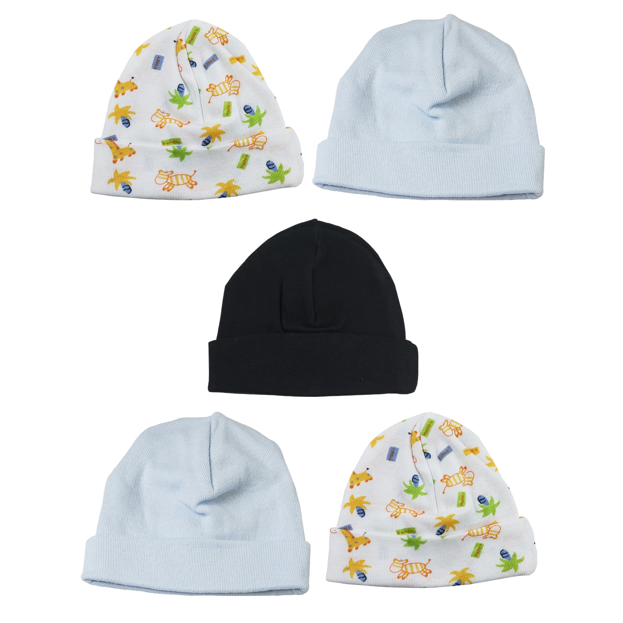 Set of 5 Solid Blue  Black and Cartoon Designed Assorted Cotton Baby Boy Beanie Caps  8