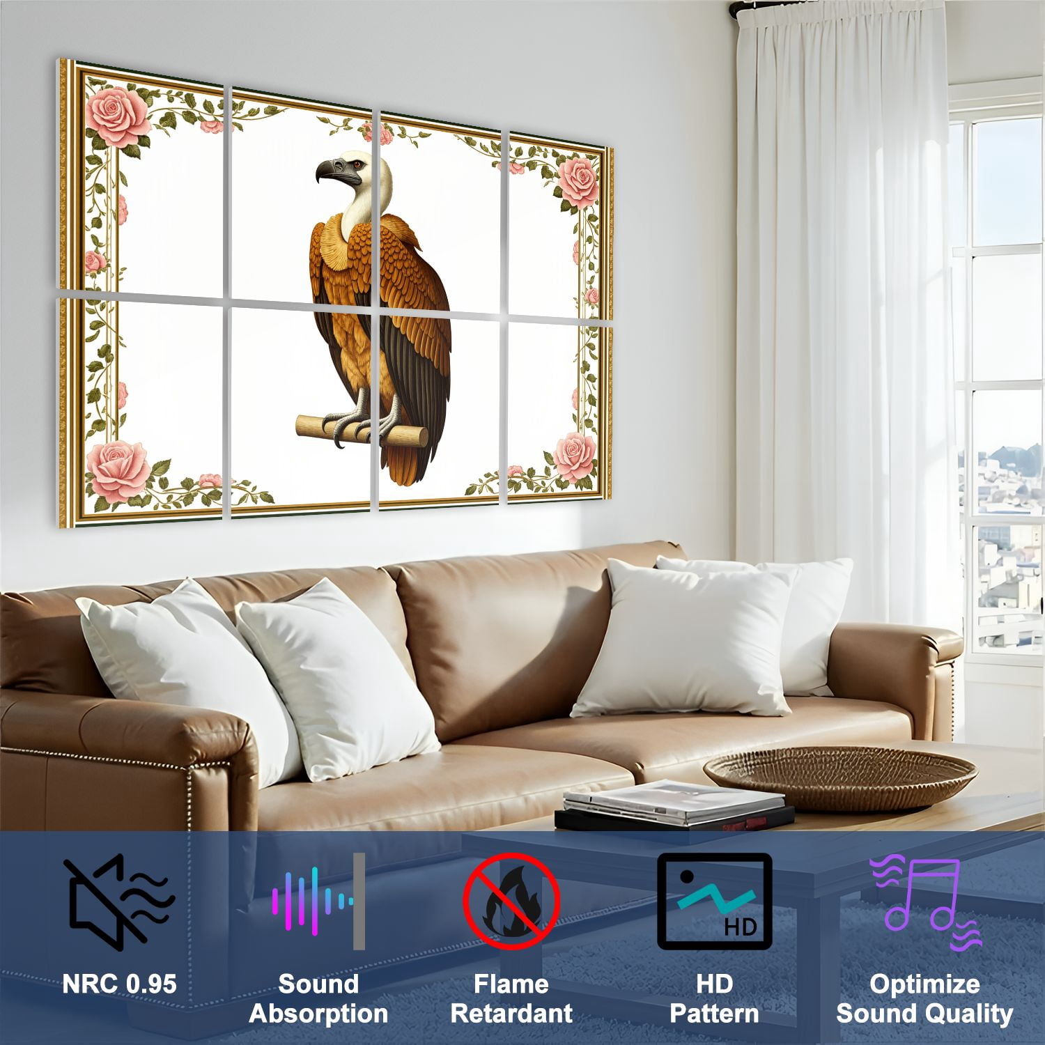 8 Pack Art Acoustic Panels Sound Absorbing Vulture Elegant Floral Border Decorative Soundproof Wall Panels Self Adhesive for Nursery Game Room Bedroom 48"x32"