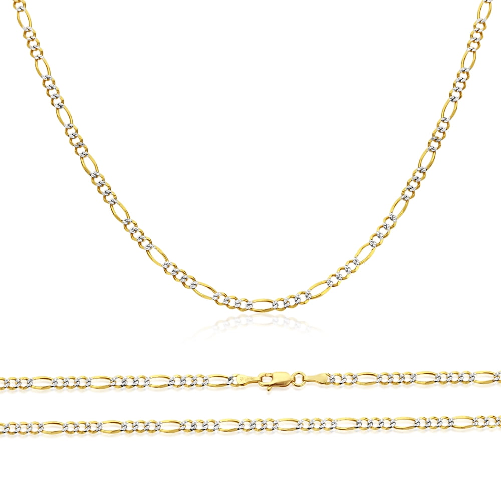 14K Two Tone Gold Chain 4mm White Pave Figaro Chain Necklace (16, 18