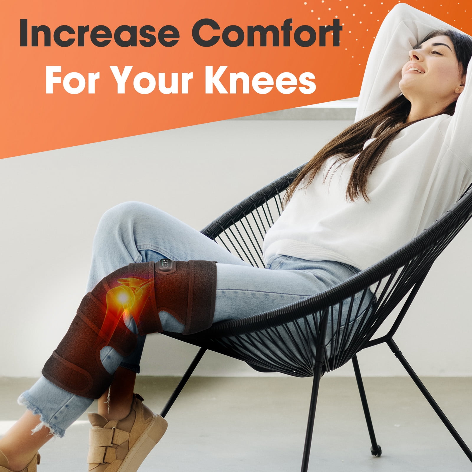 Knee Massager with Heat & Vibration, Large Heating Pad for Thigh & Knee & Calf Discomfort Relief, Knee Heated Brace Leg Massager 3X Coverage,5 Vibration Modes 3 Heat Levels,AC Adapter Heating Faster