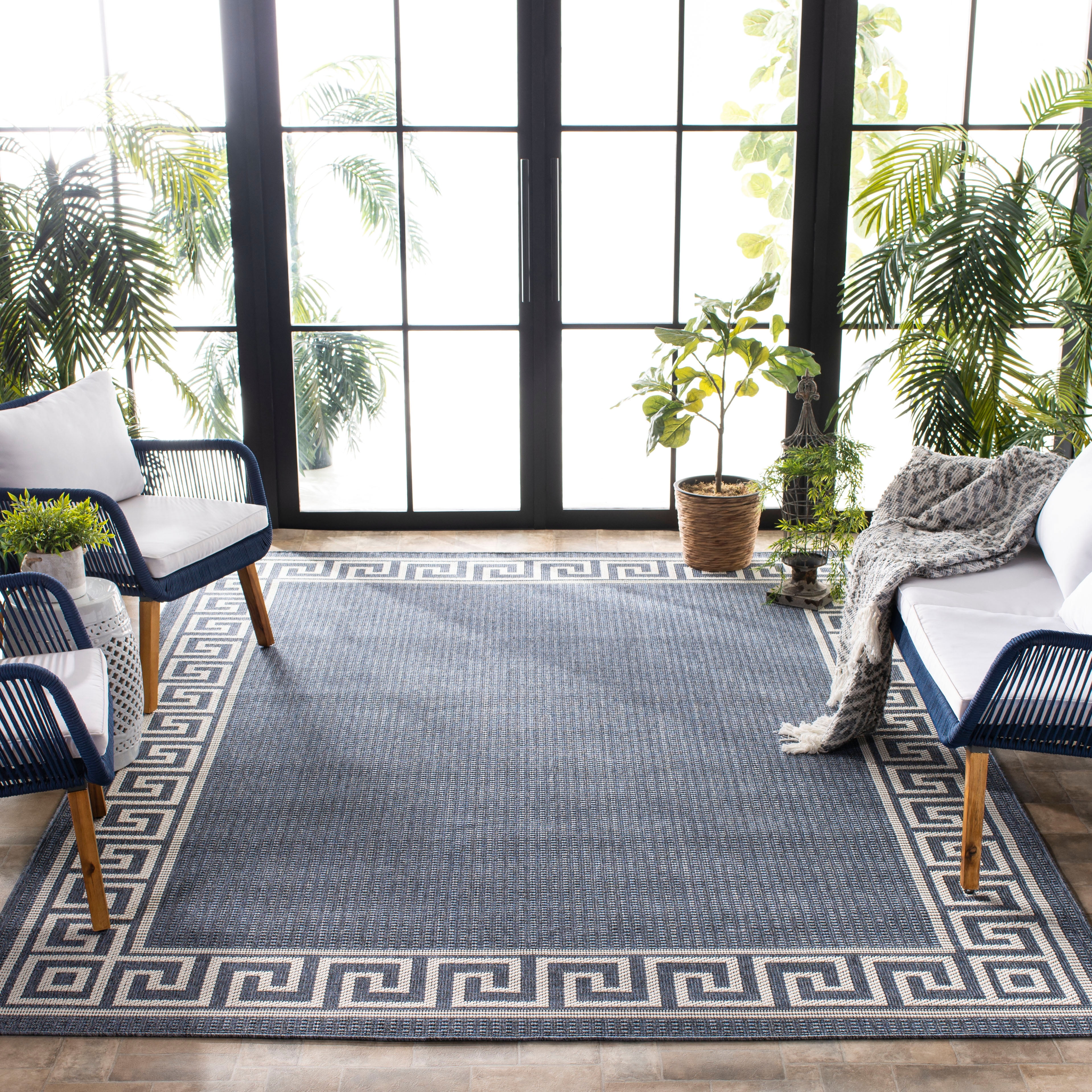 SAFAVIEH Machine Washable Rug Indoor/Outdoor Bermuda Collection - Bermuda Isidora Geometric Machine Washable Indoor/Outdoor Area Rug, Dark Blue/Ivory, 8' x 8' Square