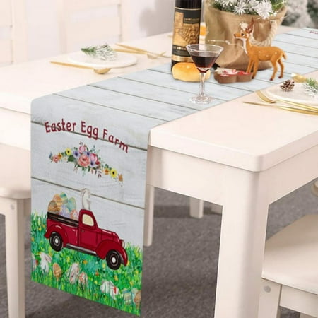

Reusable Cotton Linen Easter Day Decorations Table Runners Holiday Decor Easter Eggs Rabbit Dresser Scarves Easter Gnome for Farmhouse Kitchen Home Dining Spring Holiday - 13inches x 74inches