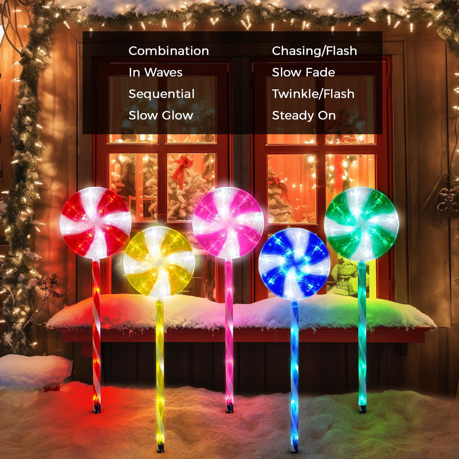 5 Pack Outdoor Christmas Decorations Solar Pathway Lights, Set of 5 Lollipops Stake Lights, 8 Modes Candy Cane Walkside Lights, Outdoor Xmas Decoration for Walkway,Yard