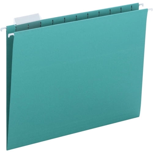Smead Hanging File Folders with Tab Letter - 8 1/2' x 11' Sheet Size - 1/5 Tab Cut - Top Tab Location - Assorted Position Tab Position - 11 pt. Folder Thickness - Teal - 1.89 oz - Recycled - 25 / Box