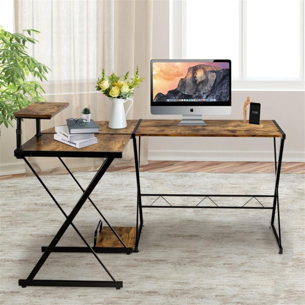 Demi Bonn L-Shaped Desk Reversible Corner Computer Desk with Movable Shelf and CPU Stand, Small Home Office Desk Study Writing Table, Walnut