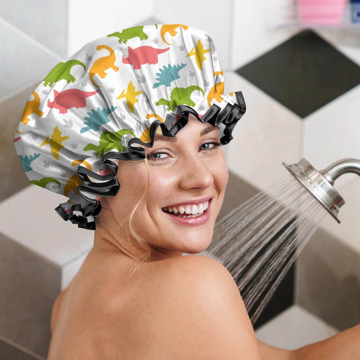 Shower Caps,Colorful Dinosaurs DiverseSilhouettes Pattern Waterproof Shower Cap for Women 4 Pieces,Double Reusable Hair Cover for Shower PEVA Elastic Stretch Hem