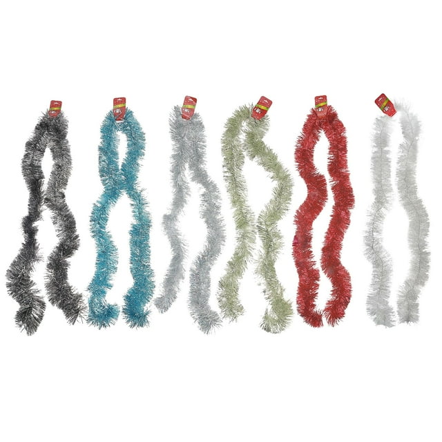 Set of six 2-meter sparkly tinsel garlands in assorted colors including black, blue, silver, green, red and white with attached red product tags.