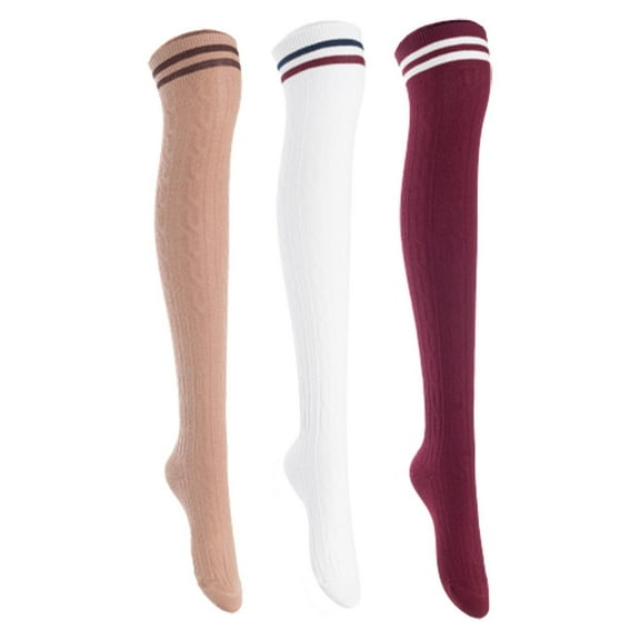Lian Lifestyle Women's 3 Pairs Incredible Durable Super Soft Unique Over Knee High Thigh High Cotton Socks, Size US 6-9, JMYP1023 Khaki,White,Wine