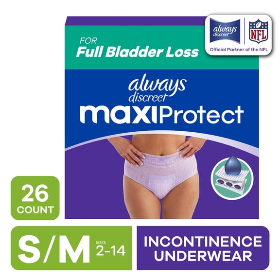 Always Discreet Adult Diapers for Women, MaxiProtect, Incontinence Underwear, Maximum Plus Absorbency, Size S/M, 26 Count
