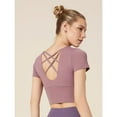 thumbnail image 6 of Top-kevin Women'S Athletic Crop Top with Cross-Back Design and Built-In Bra Pads - Short Sleeve Activewear for Running, Yoga, Cycling - Breathable, Stretchy, Purple, Cycling Top, 6 of 10