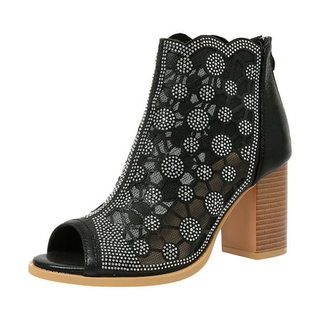 

YUHAOTIN Black High Heels for Women Sexy Comfortable Fashion Mesh Rhinestone Autumn Thick Sole Square Heels Zipper Short Booties Open Toe Sandals Shoes Sexy High Heels for Women Dressy