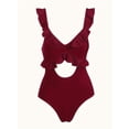 thumbnail image 1 of One Piece Swimsuit for Women Tummy Control Ruffle Bathing Suit V Neck Ruched Slimming Cutout Swimwear Wine Red M, 1 of 7