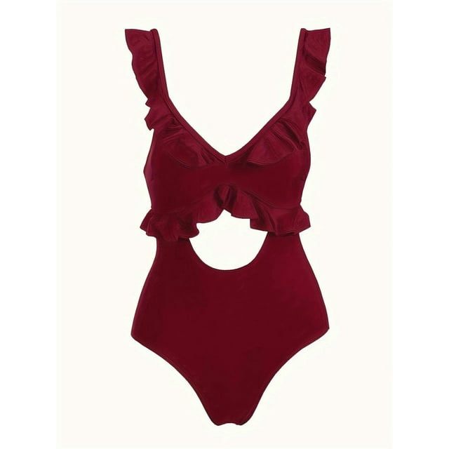 One Piece Swimsuit for Women Tummy Control Ruffle Bathing Suit V Neck Ruched Slimming Cutout Swimwear Wine Red M
