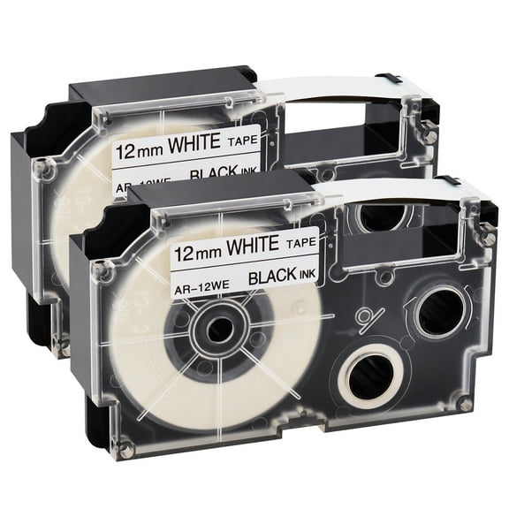 GREENCYCLE 2PK Black on White Label Tape Compatible for Casio XR12WE XR-12WE (12mm 1/2''x 8m 26ft) EZ Label Printer