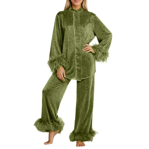 XIYON Womens Pajama Sets Elegant Pajama With Trim Long Sleeve Stand Collar Top And Comfortable Pants For Sleepwear And Relaxation Soft Loungewear