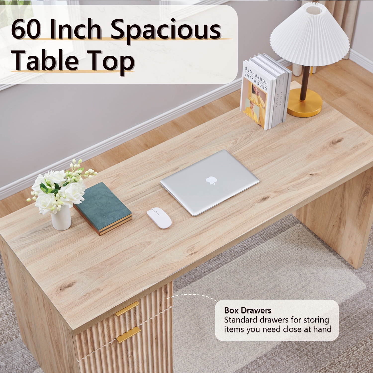 IFMust 60" Home Office Desk with Storage Drawer & Cabinet, Modern Executive Desk with Charging Station, Fluted Computer Desk for Study, Living Room, Oak