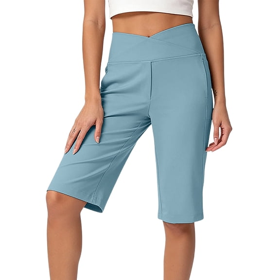 Olyvenn Women's Crossover Waist Knee Length Shorts Pocket Athletic Workout Shorts Sky Blue L