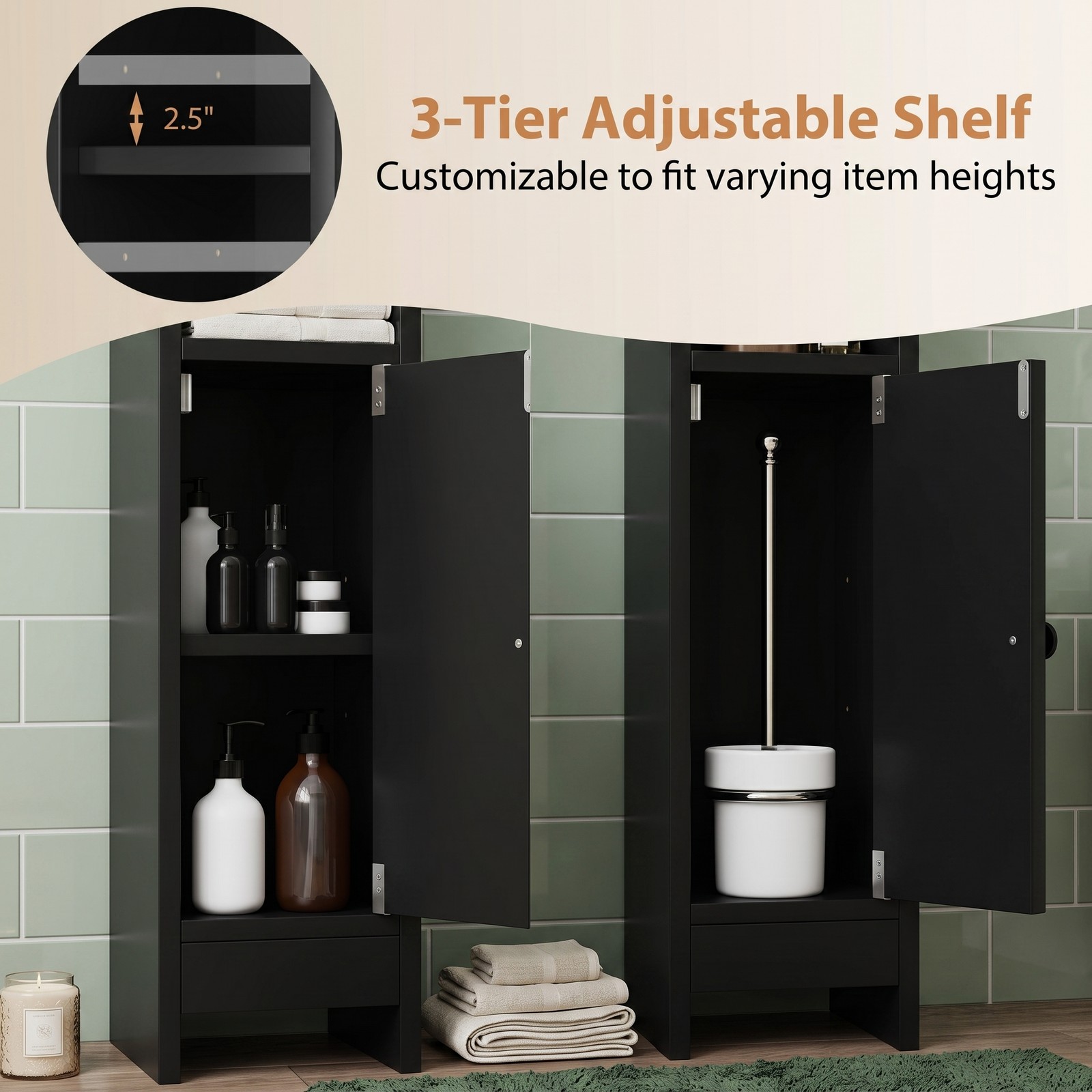 Fenbeli Slim Bathroom Corner Storage Cabinet, Freestanding Floor Cabinet with Door, Adjustable 3-Tier Shelf and Anti-Tipping Kit for Bathroom Laundry Room, Black