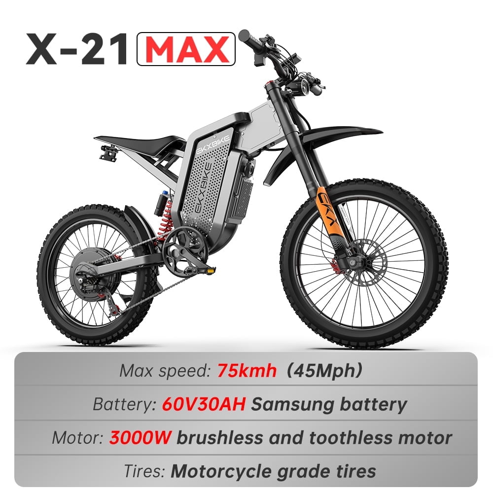 45Mph EKX X21 Max Electric Bike for Adul,60V30AH LG Battery 6000W(Peak)Motors,19 inch off road Fat Tire electric motorcycle Full Suspension Full Hydraulic Brake UL2849