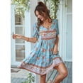 thumbnail image 3 of Women Casual- Summer Dress Boho V Neck Short Sleeve Babydoll Floral Print Flowy Beach Dress Blue S, 3 of 8